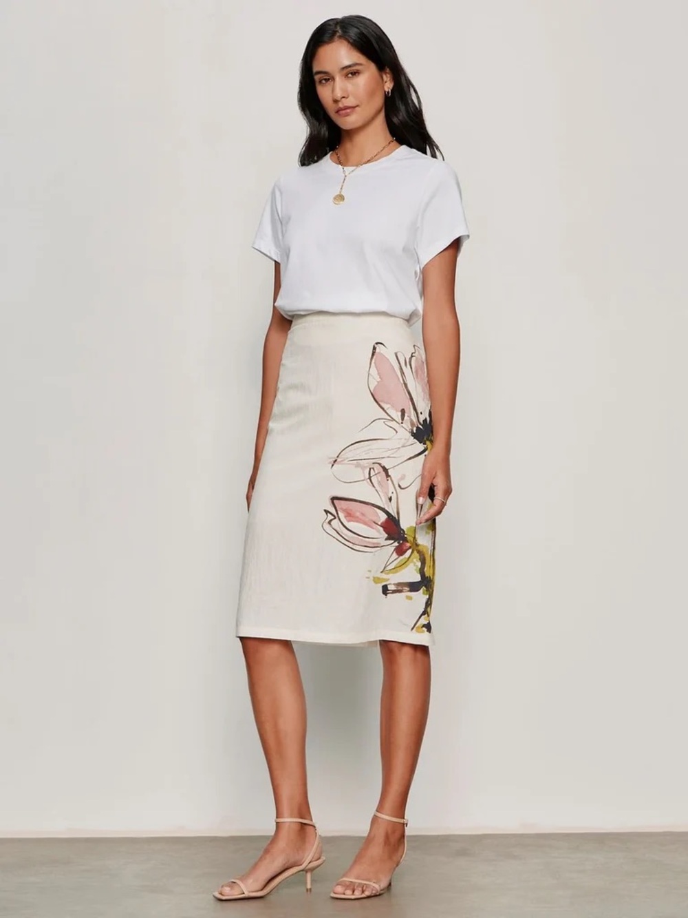 Sanctuary Cream Midi Skirt with Pink Floral Side Detail